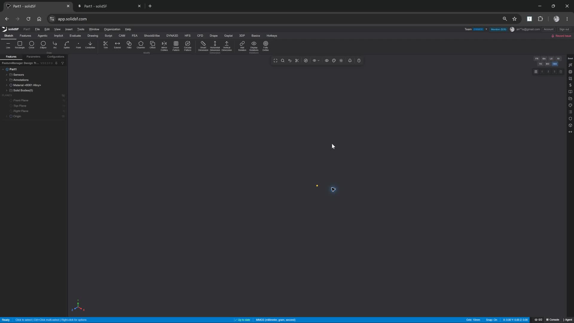 solidSF browser CAD workspace with the feature tree, sketch planes, and modeling toolbar